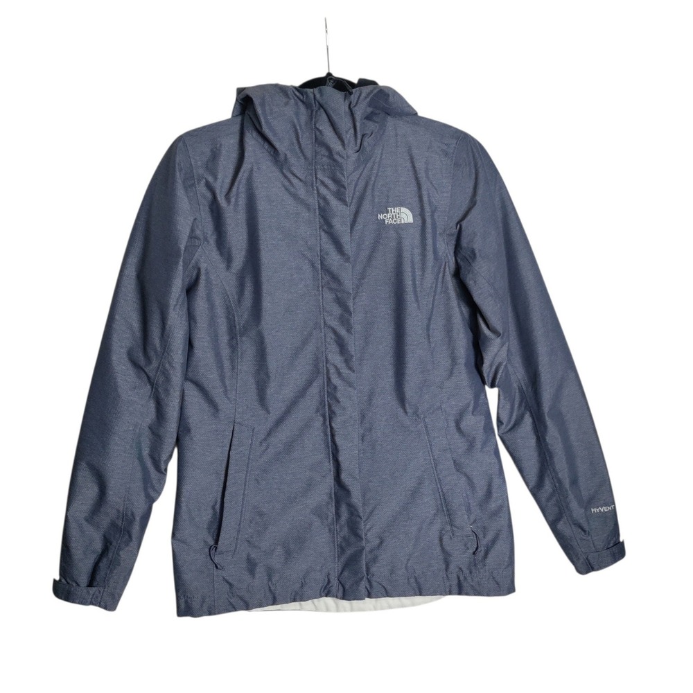 The North Face HyVent Rain Jacket Womens Small Blue Heathered Hooded Waterproof